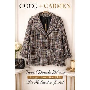 1068 Coco + Carmen Tweed Blazer XXL Boucle Fringe Multicolor Chic Jacket
